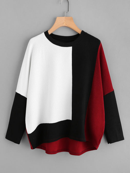 Color Block Loose Fit Sweater Round Neck for Women