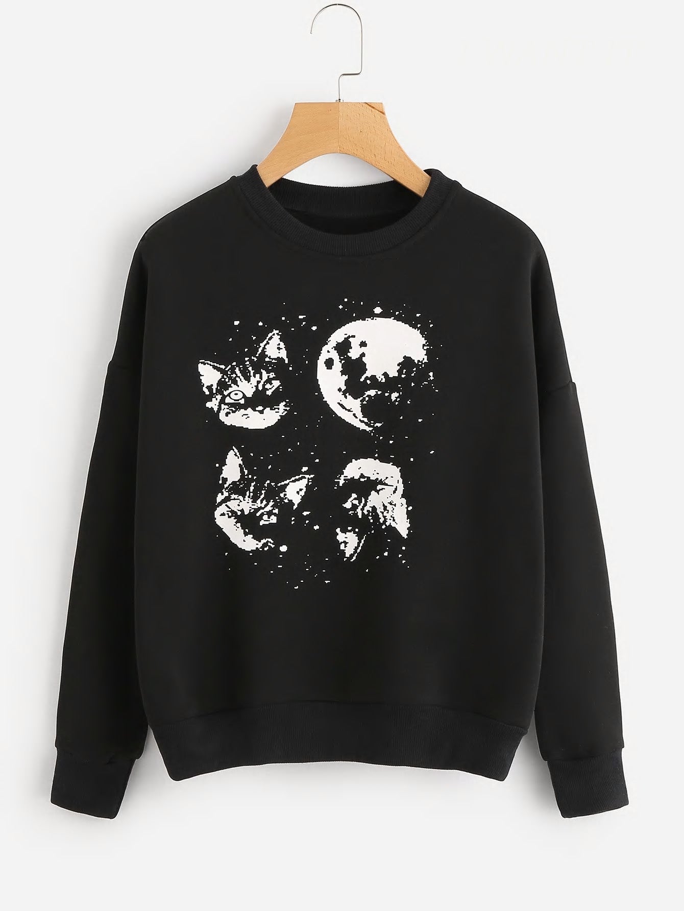 Black Sweatshirt with Cat and Moon Print