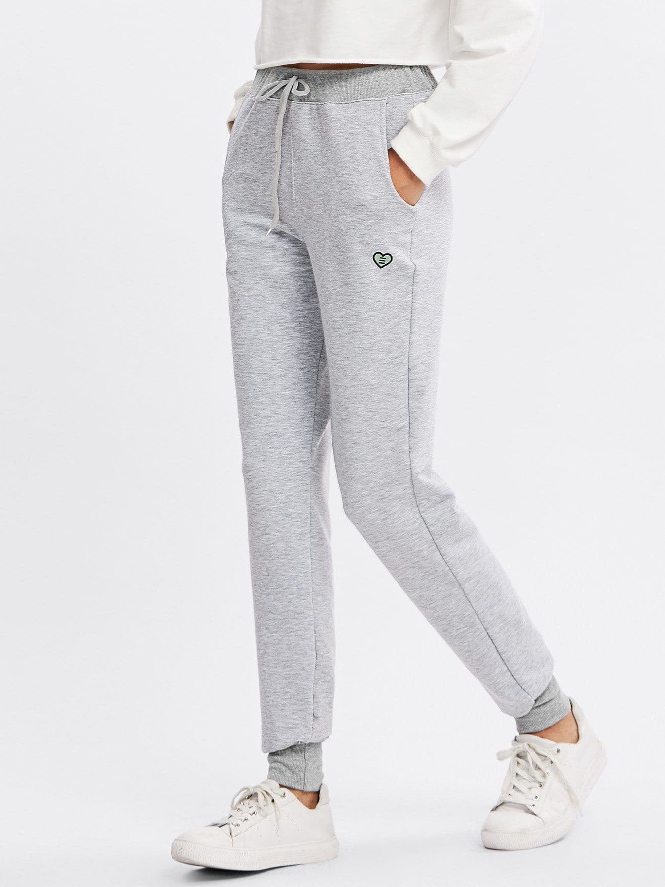 Essential Grey Jogger Pants, Heart Embroidery Sweatpants