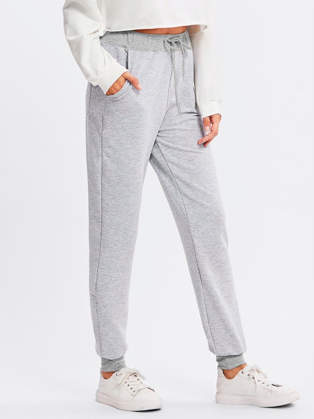 Essential Grey Jogger Pants, Heart Embroidery Sweatpants