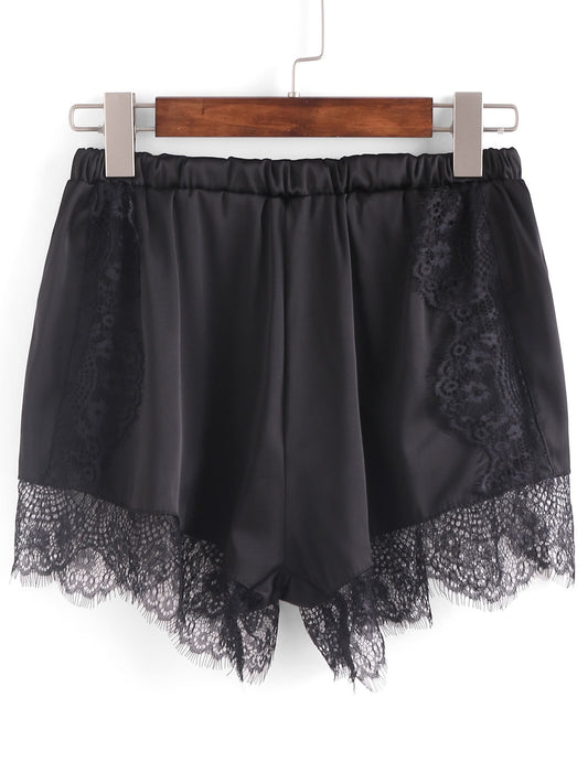 Black Lace Trim Satin Night Shorts