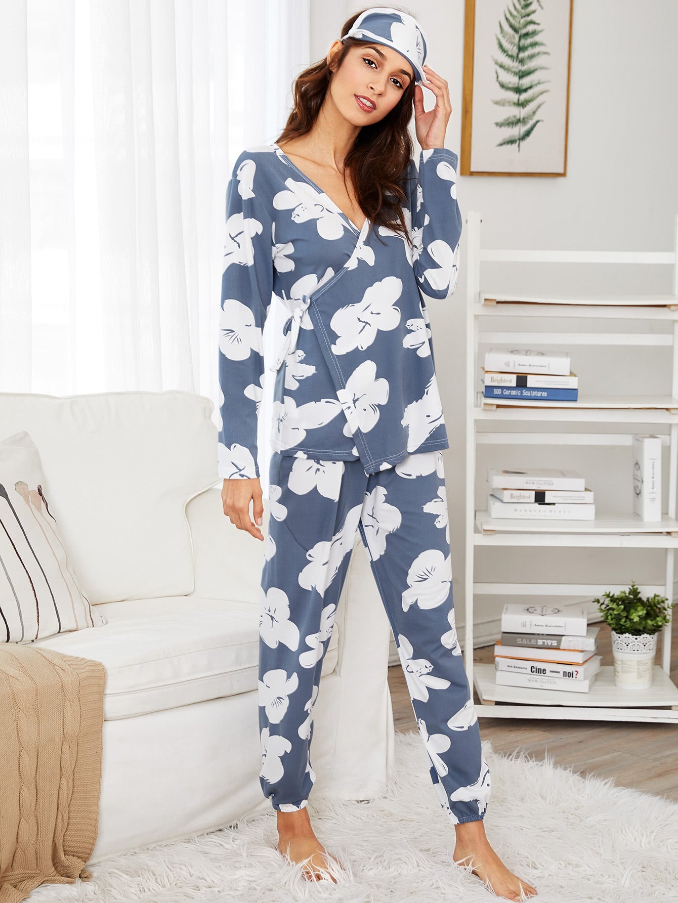 Women Blue Nursing Pajama Set with Eye Mask