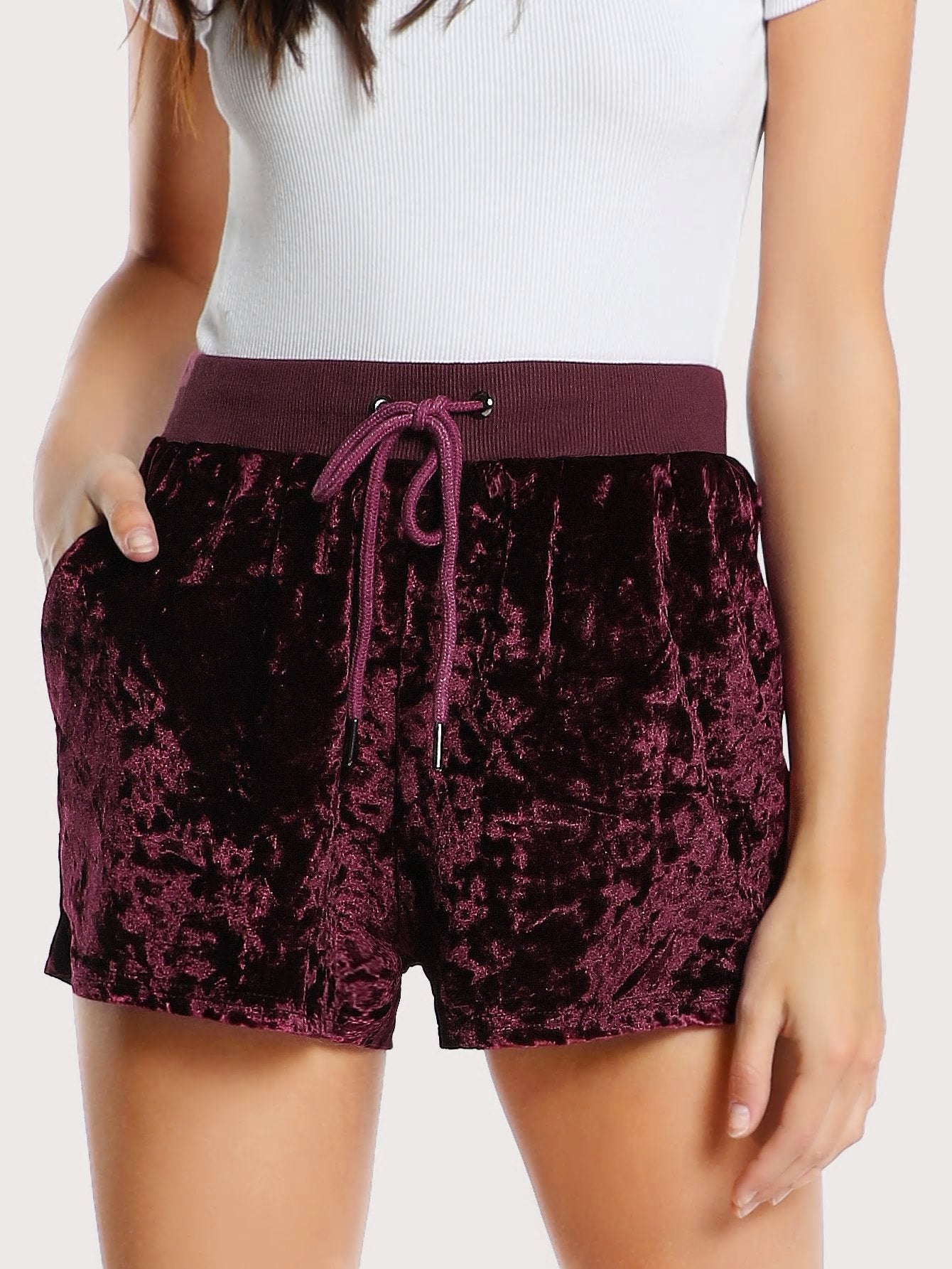 Burgundy Velvet High Waist Shorts