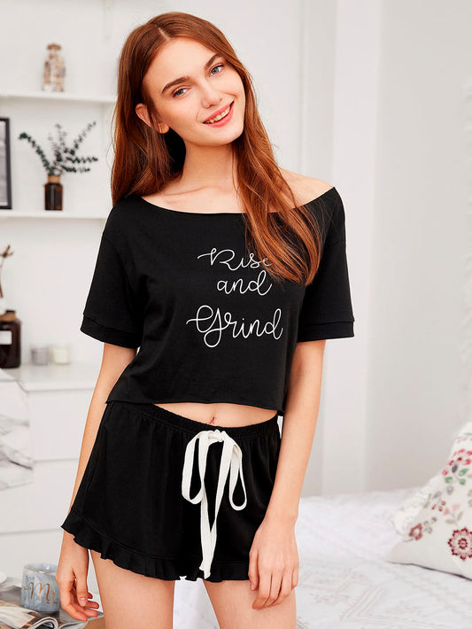 Summer Black Pajama set "Rise and Grind", Drawstring Shorts and Loose Crop Top
