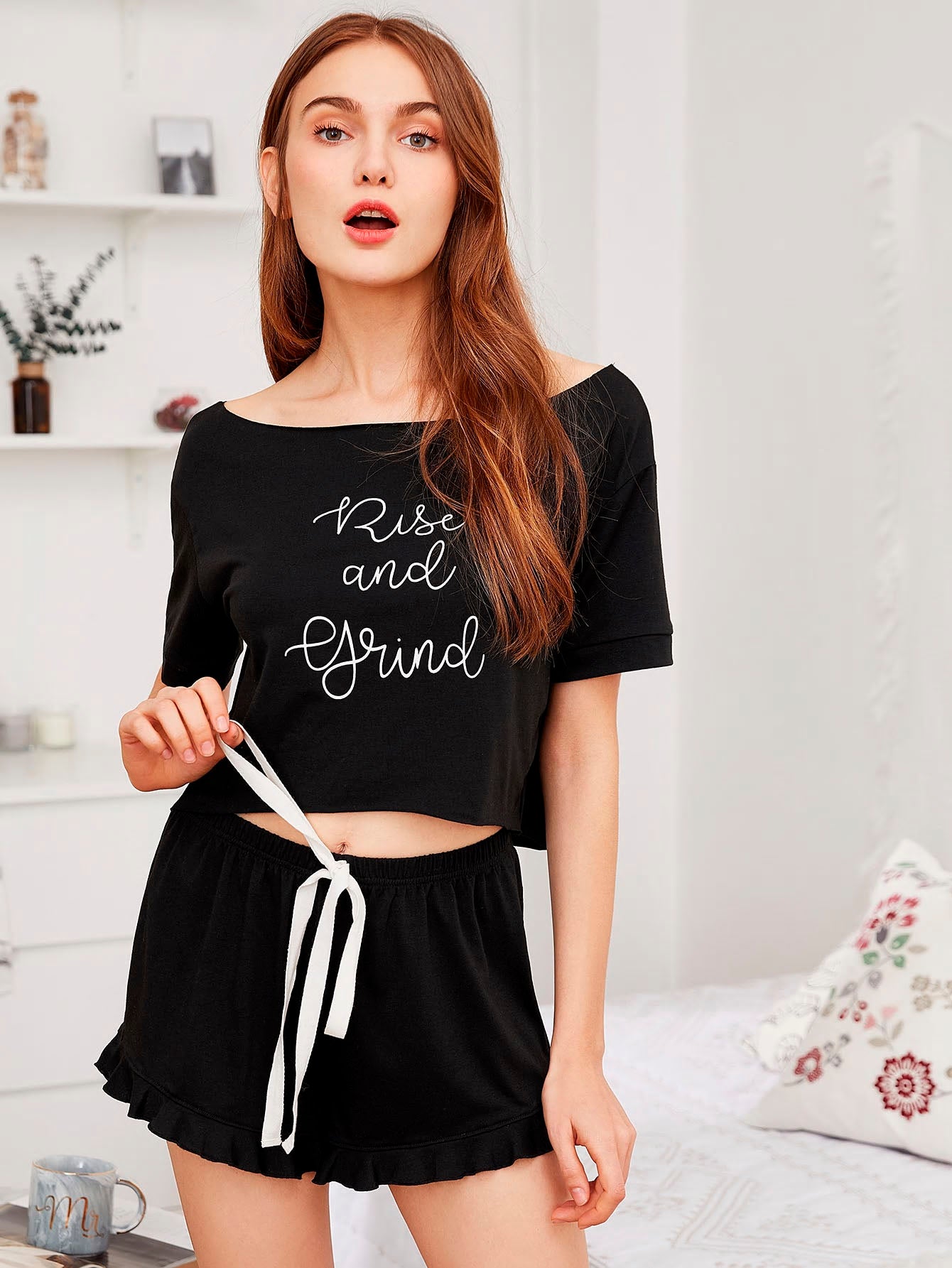 Summer Black Pajama set "Rise and Grind", Drawstring Shorts and Loose Crop Top
